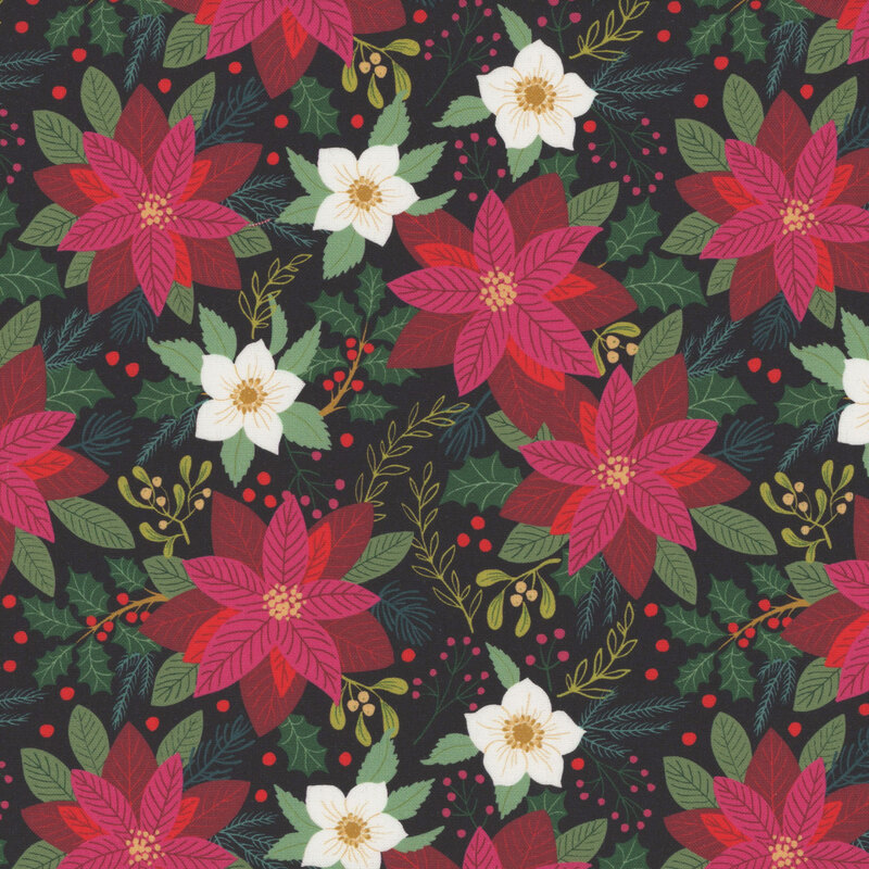 Floral pattern featuring pink and white poinsettias, holly, and green leaves on a dark background.