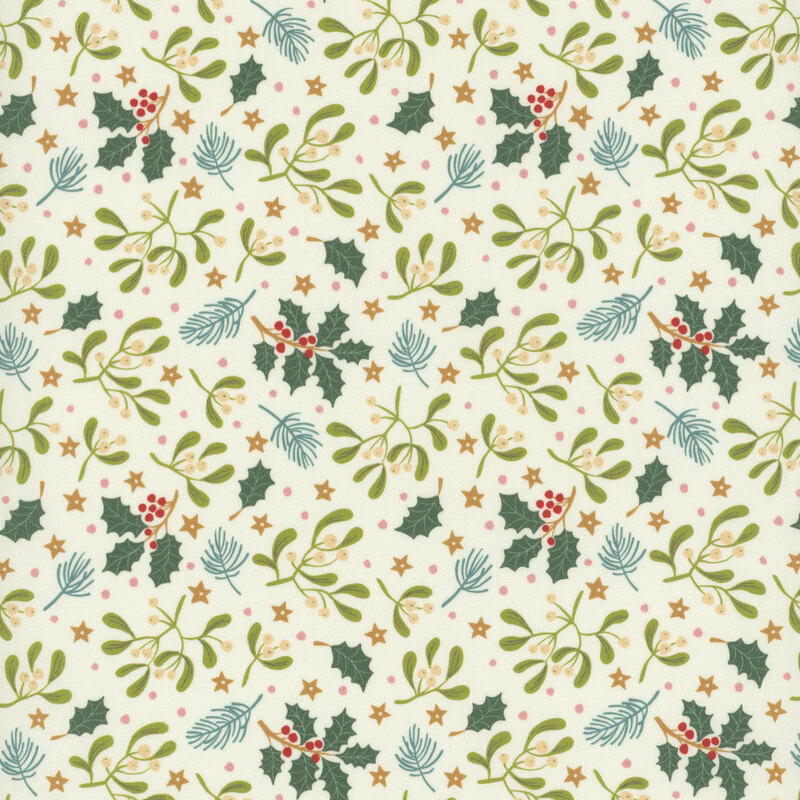 Tossed green leaves, berries, stars, and pink polka dots on a cream background