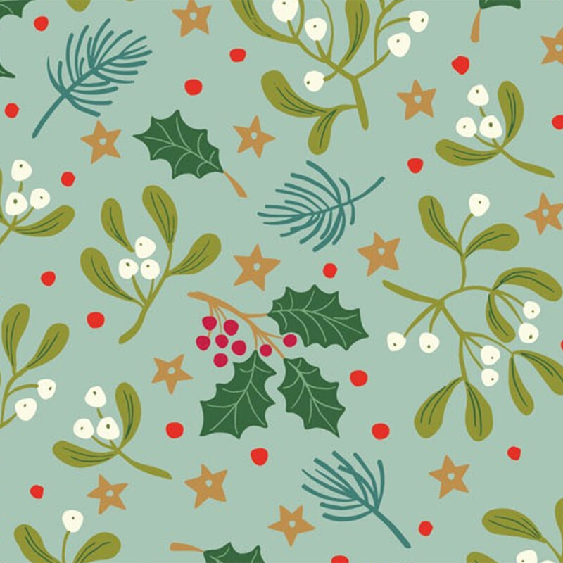 Tossed green leaves, berries, stars, and red polka dots on a mint green background