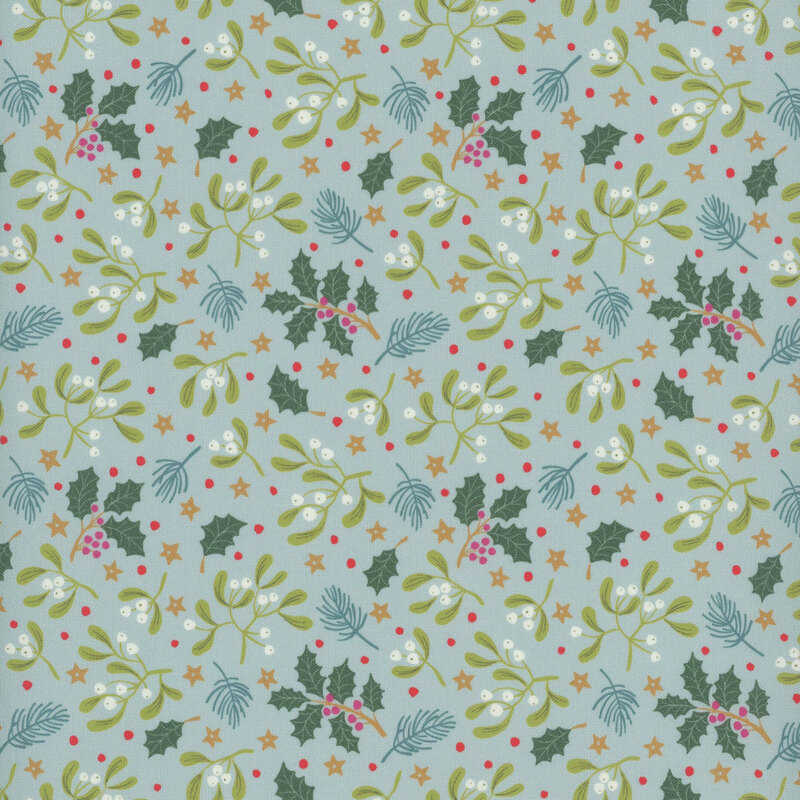 Tossed green leaves, berries, stars, and red polka dots on a muted aqua background