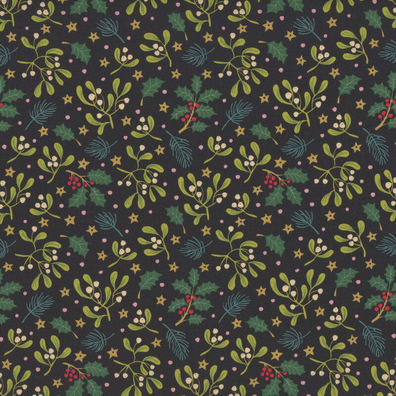 Tossed green leaves, berries, stars, and pink polka dots on a black background