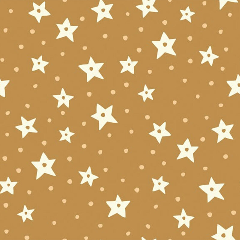 Off white stars and dots scattered on a warm brown background.