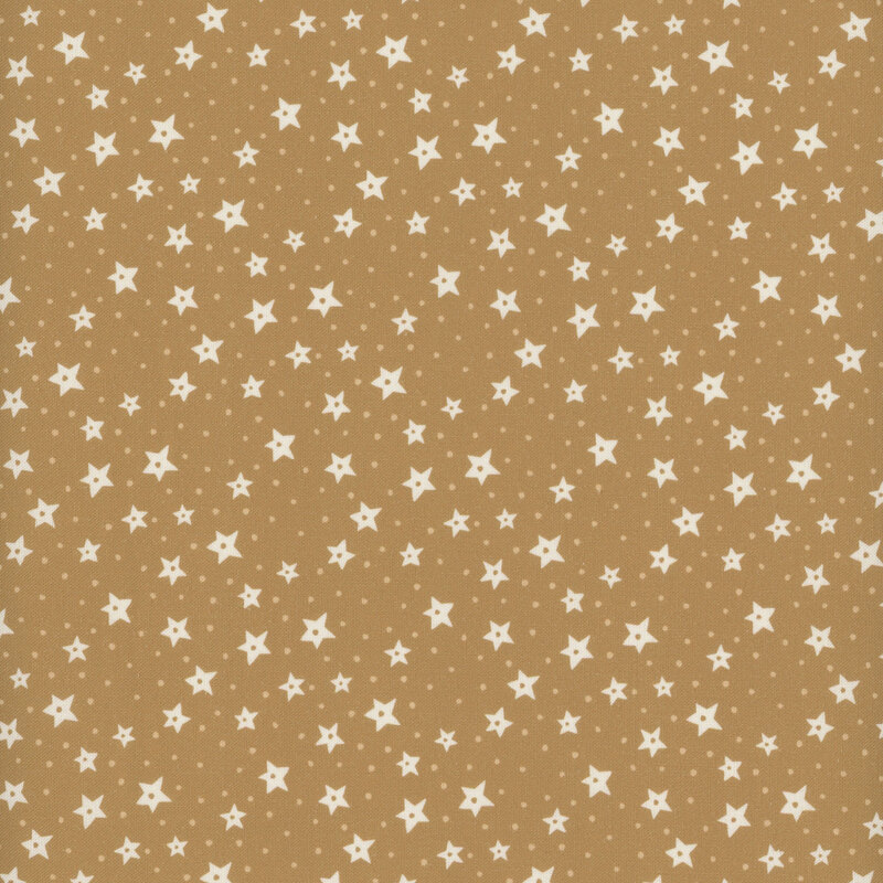 Off-white stars and dots scattered on a warm brown background.