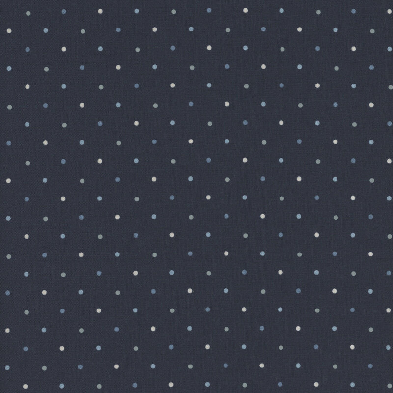 Midnight blue fabric with white and blue polka dots.