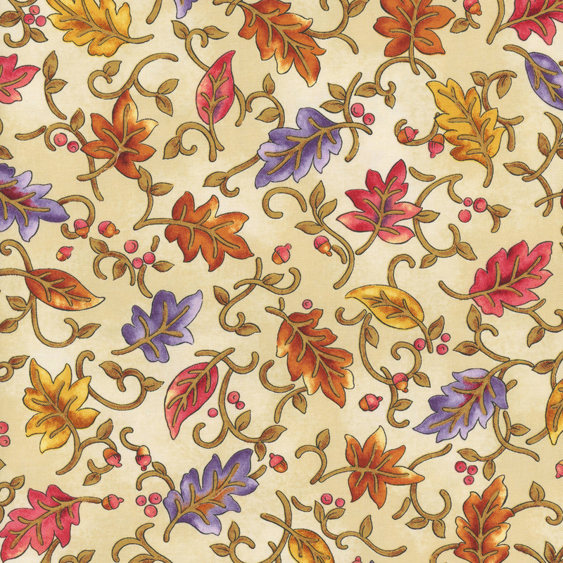 A rich cream fabric featuring a decorative pattern of colorful autumn leaves and swirls.