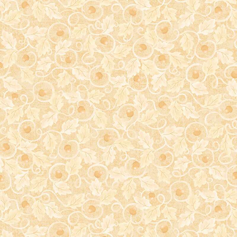 Cream-patterned fabric featuring intricate swirls, leaves, and small acorn accents.