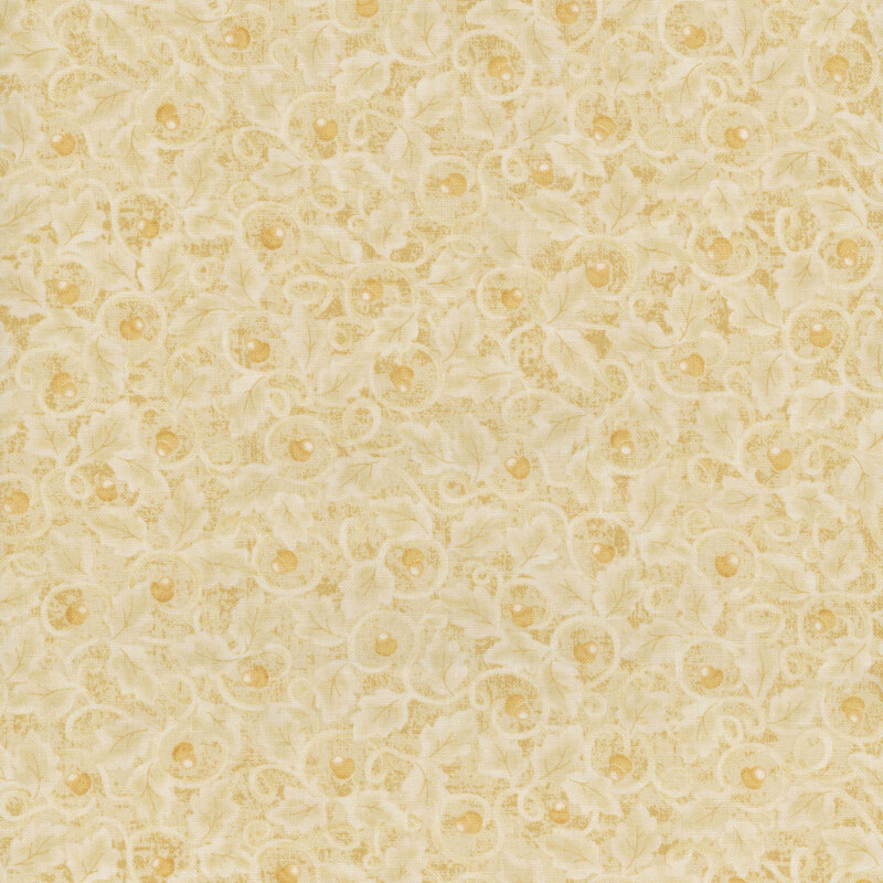 Cream-patterned fabric featuring intricate swirls, leaves, and small acorn accents.