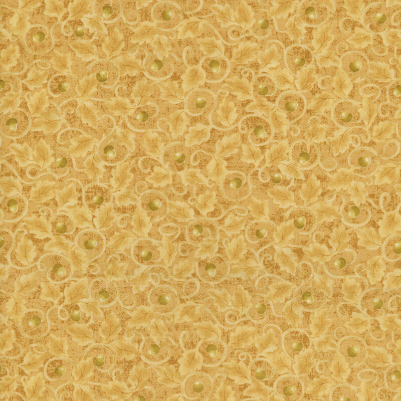 Golden-patterned fabric featuring intricate swirls, leaves, and small acorn accents.