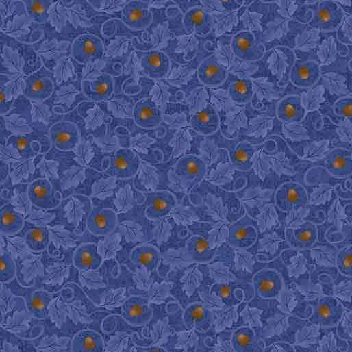 Blue-patterned fabric featuring intricate swirls, leaves, and small acorn accents.