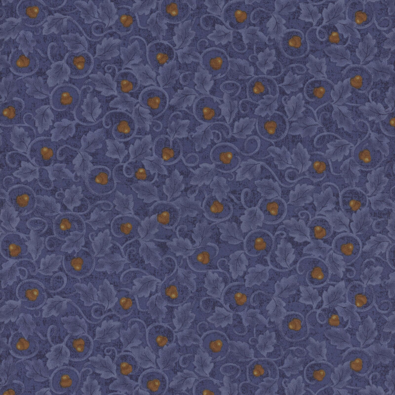 Blue-patterned fabric featuring intricate swirls, leaves, and small acorn accents.