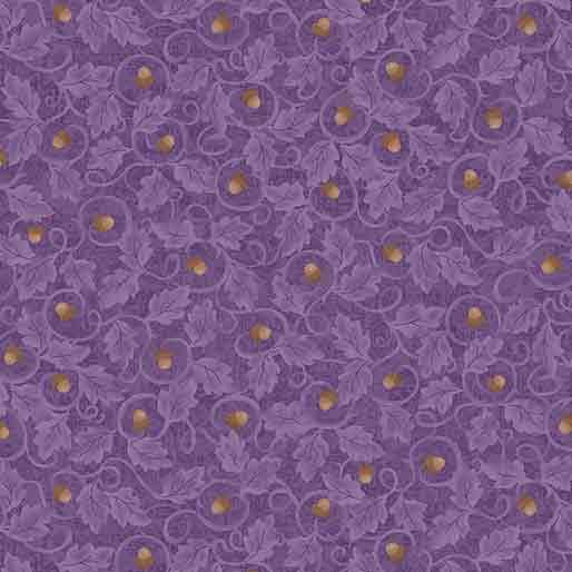 Purple-patterned fabric featuring intricate swirls, leaves, and small acorn accents.