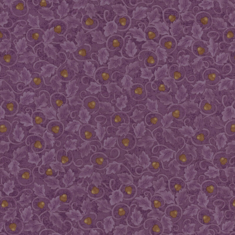 Purple-patterned fabric featuring intricate swirls, leaves, and small acorn accents.