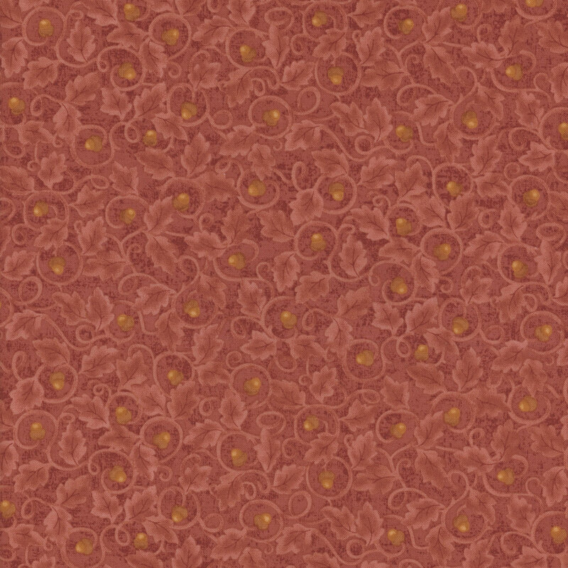 Red-patterned fabric featuring intricate swirls, leaves, and small acorn accents.