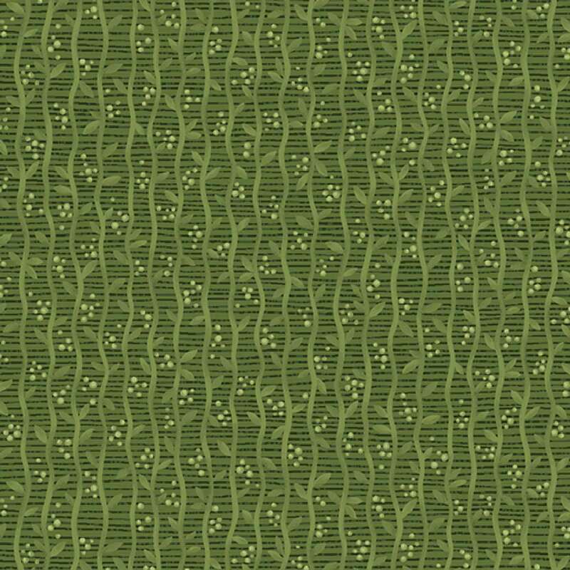 Green patterned fabric featuring wavy stripes and small, dotted details.