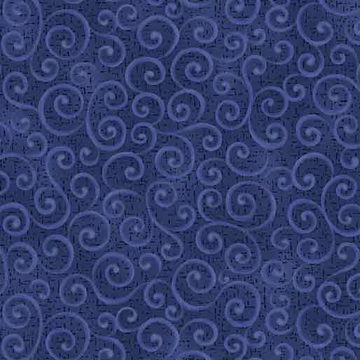 Navy fabric with medium blue swirling decorative patterns throughout the surface.