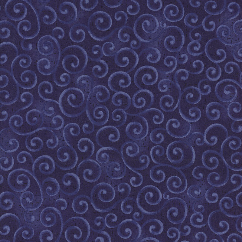 Navy fabric with medium blue swirling decorative patterns throughout the surface.