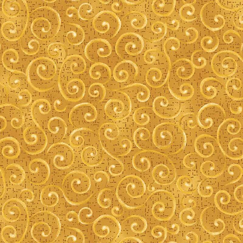 Gold fabric with light yellow swirling decorative patterns throughout the surface.