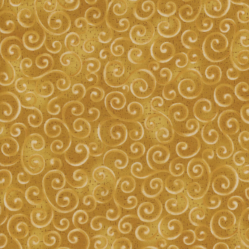 Gold fabric with light yellow swirling decorative patterns throughout the surface.