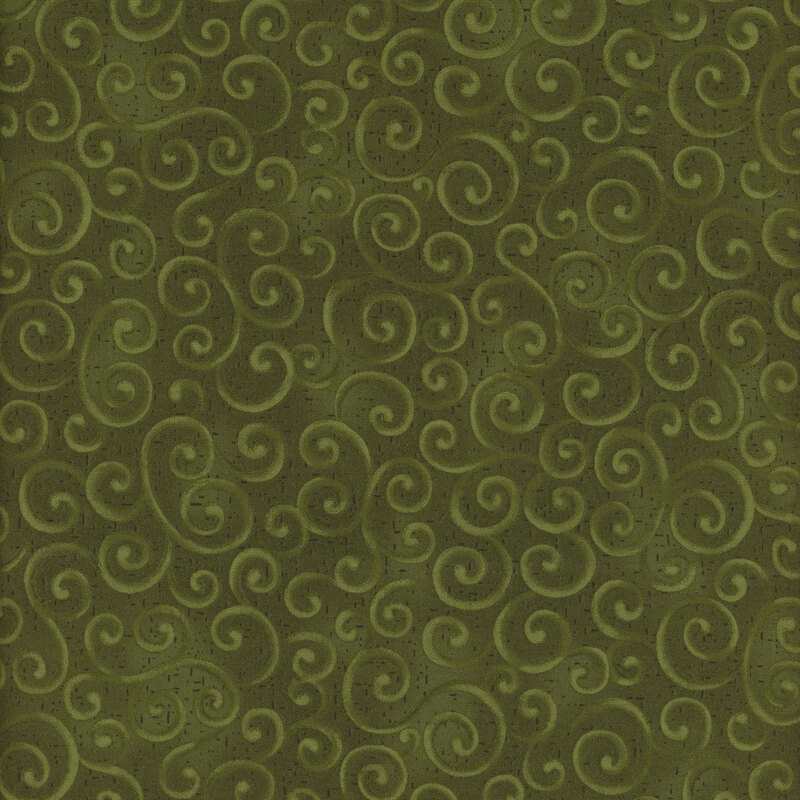 Green fabric with light green swirling decorative patterns throughout the surface.