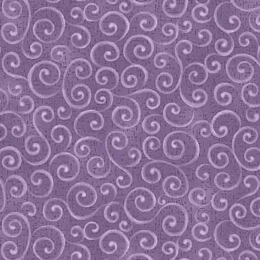 Purple fabric with light purple swirling decorative patterns throughout the surface.