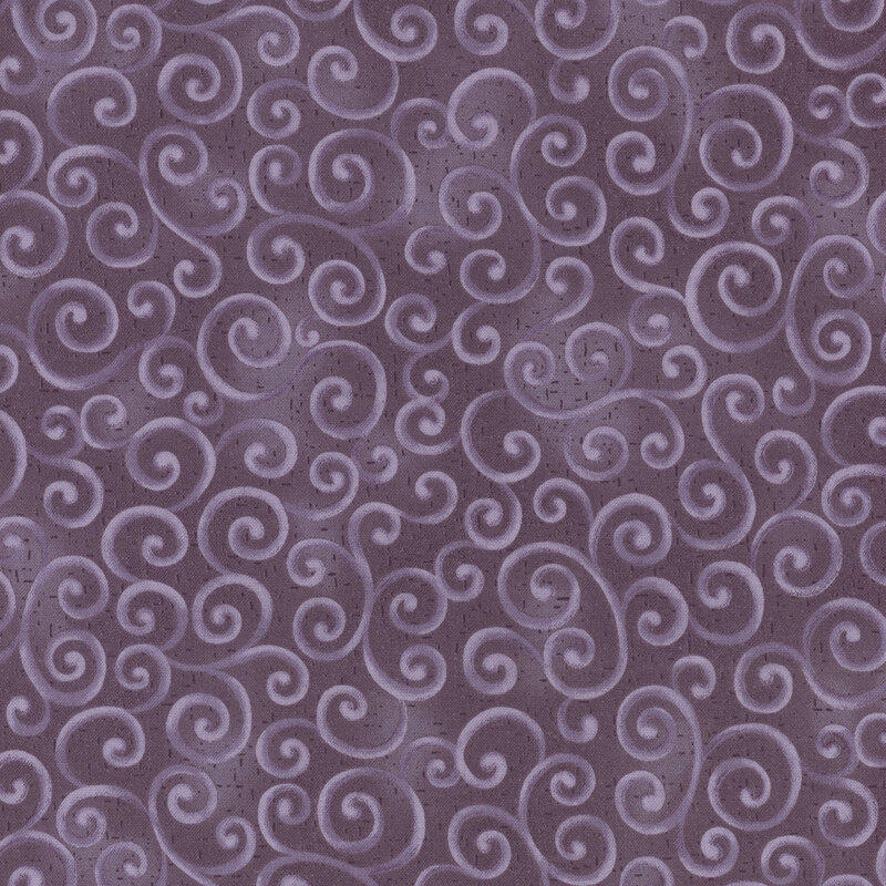 Purple fabric with light purple swirling decorative patterns throughout the surface.