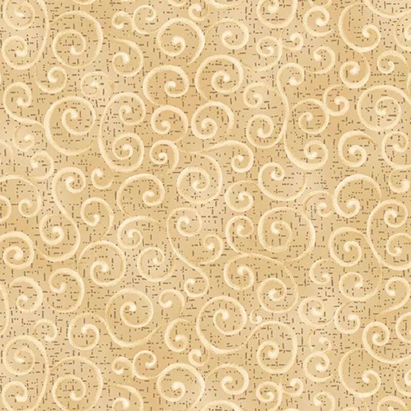 Tan background with intricate cream-colored swirling scrolls throughout.