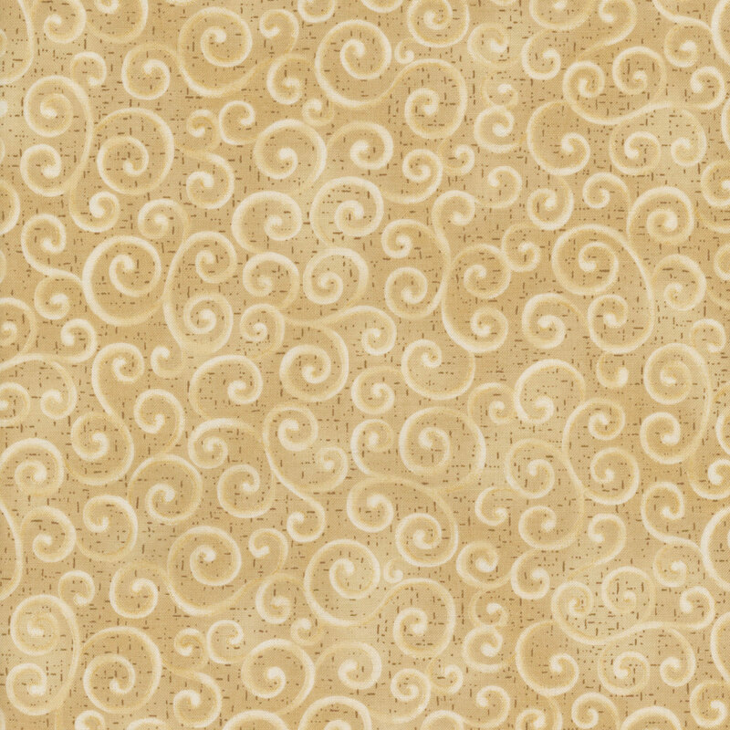 Tan background with intricate cream-colored swirling scrolls throughout.