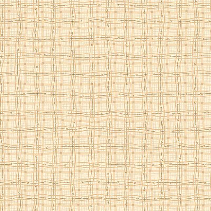 Light cream fabric with a subtle grid pattern of intertwining lines in olive and peach tones.