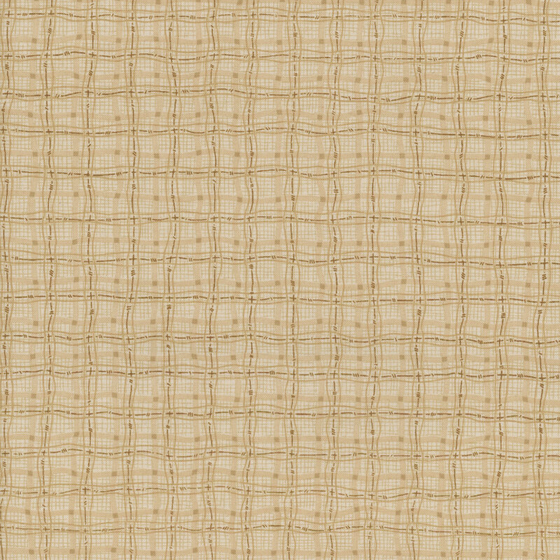 Light cream fabric with a subtle grid pattern of intertwining lines in olive and peach tones.