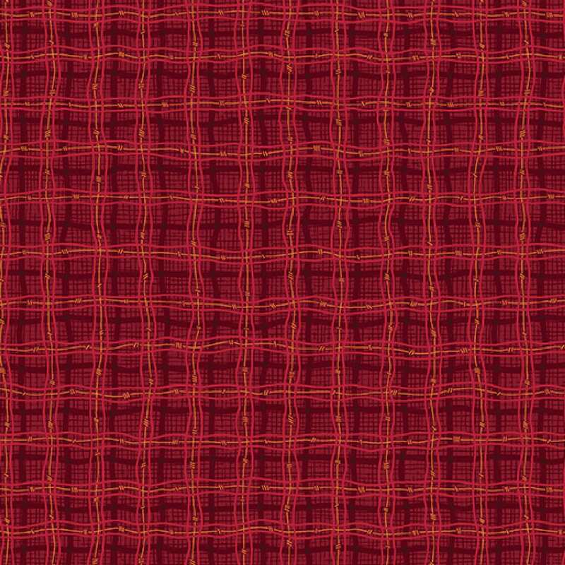 Red plaid fabric pattern with a textured, woven appearance.