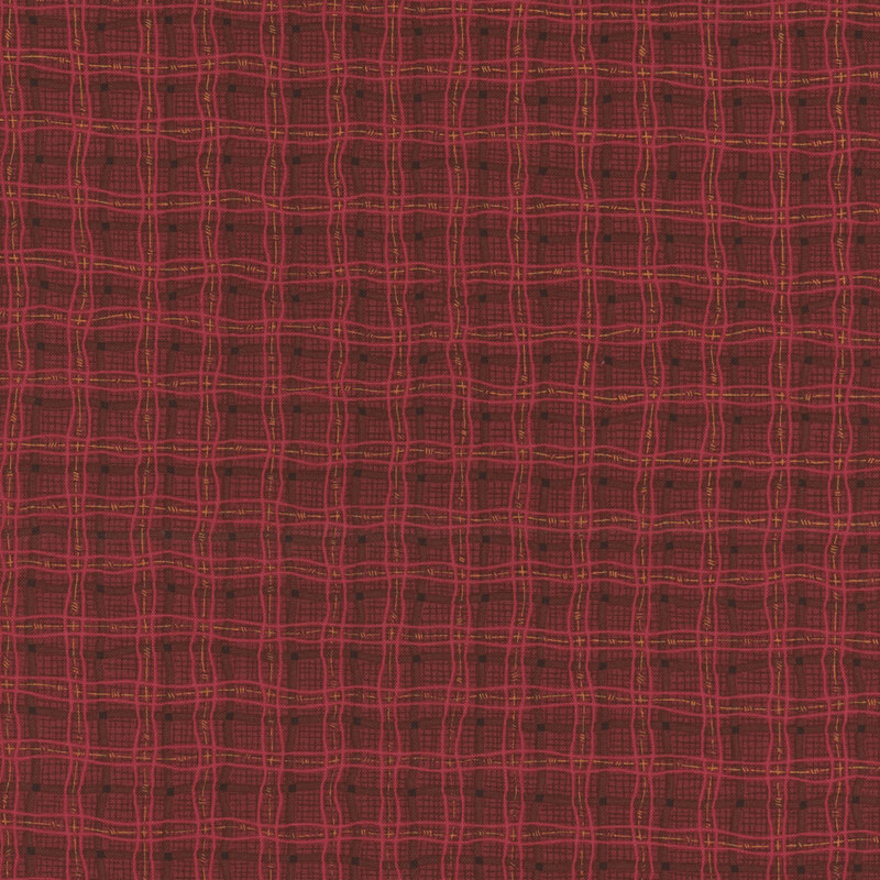 Red plaid fabric pattern with a textured, woven appearance.