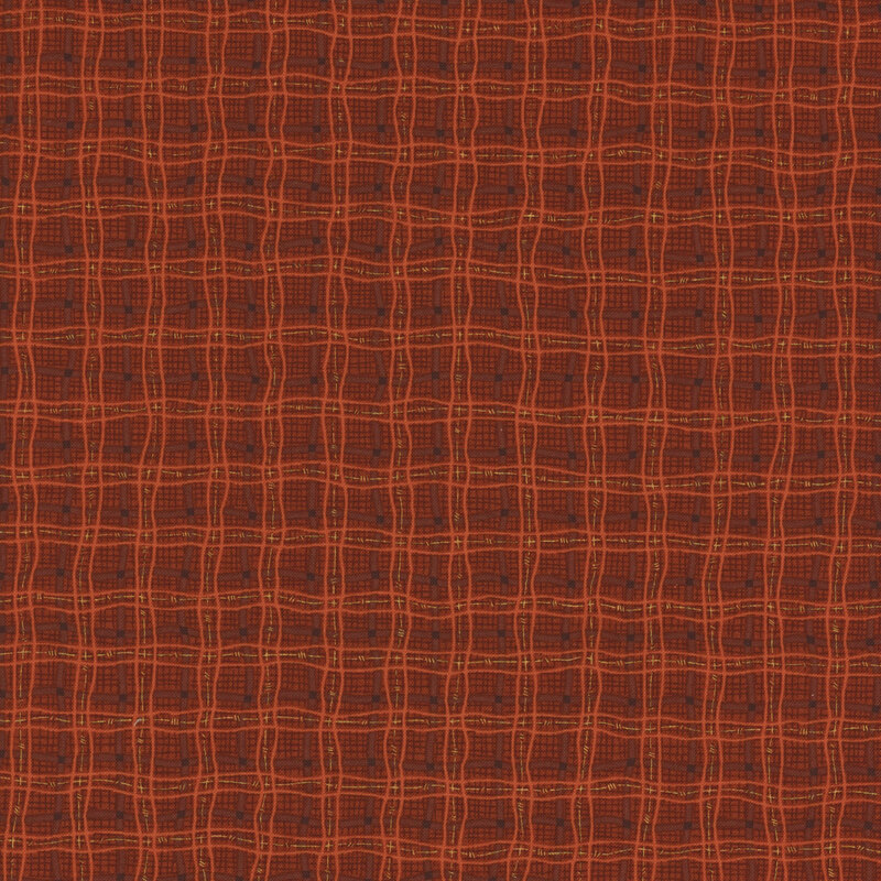 Textured fabric pattern in warm tones of orange and reddish-brown with intersecting lines.