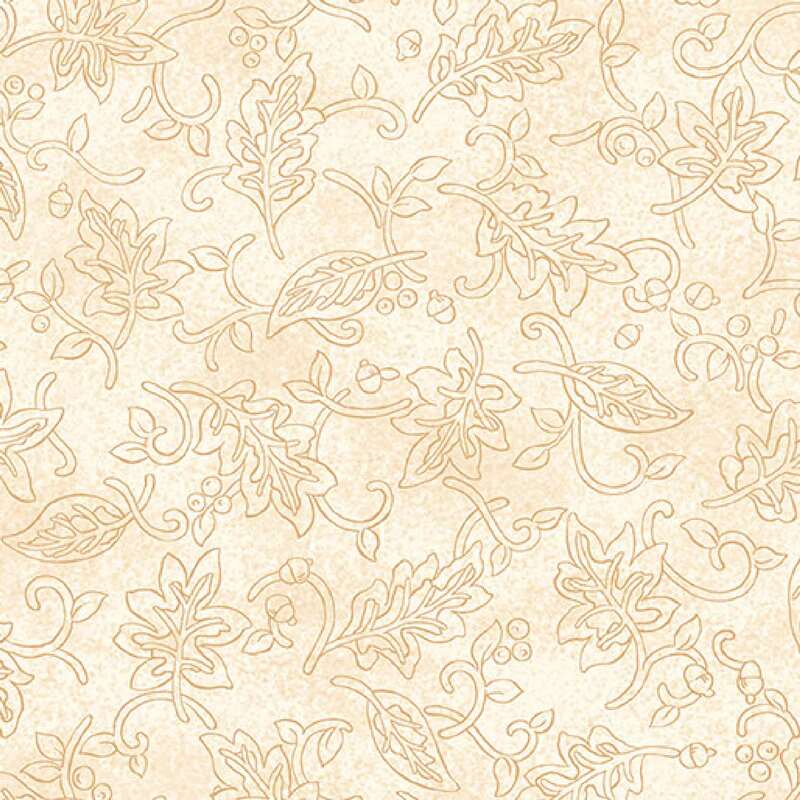 Light cream fabric with an intricate, embossed pattern of leaves and vines.