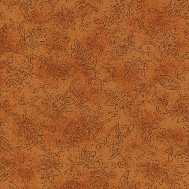 A textured fabric featuring a floral and leaf pattern in warm orange tones.