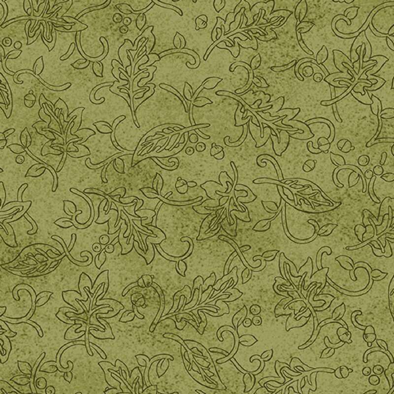 Green textured fabric featuring a delicate, repeating pattern of leaves and vines.