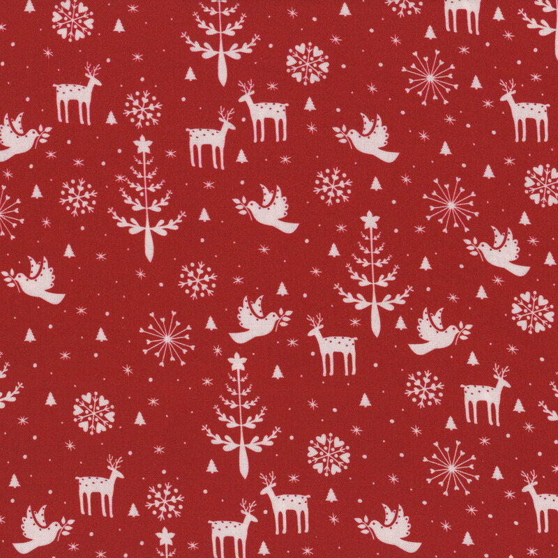 Red fabric with cream reindeer, Christmas trees, doves, and snowflakes.