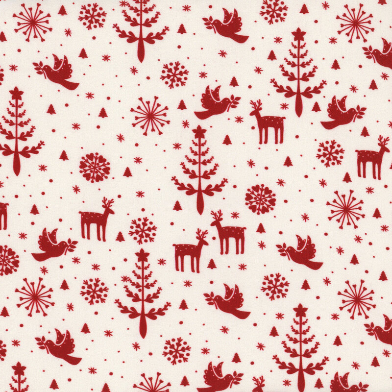 Cream fabric with red reindeer, Christmas trees, doves, and snowflakes.