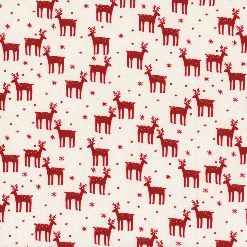 Cream fabric with red reindeer and snowflakes.