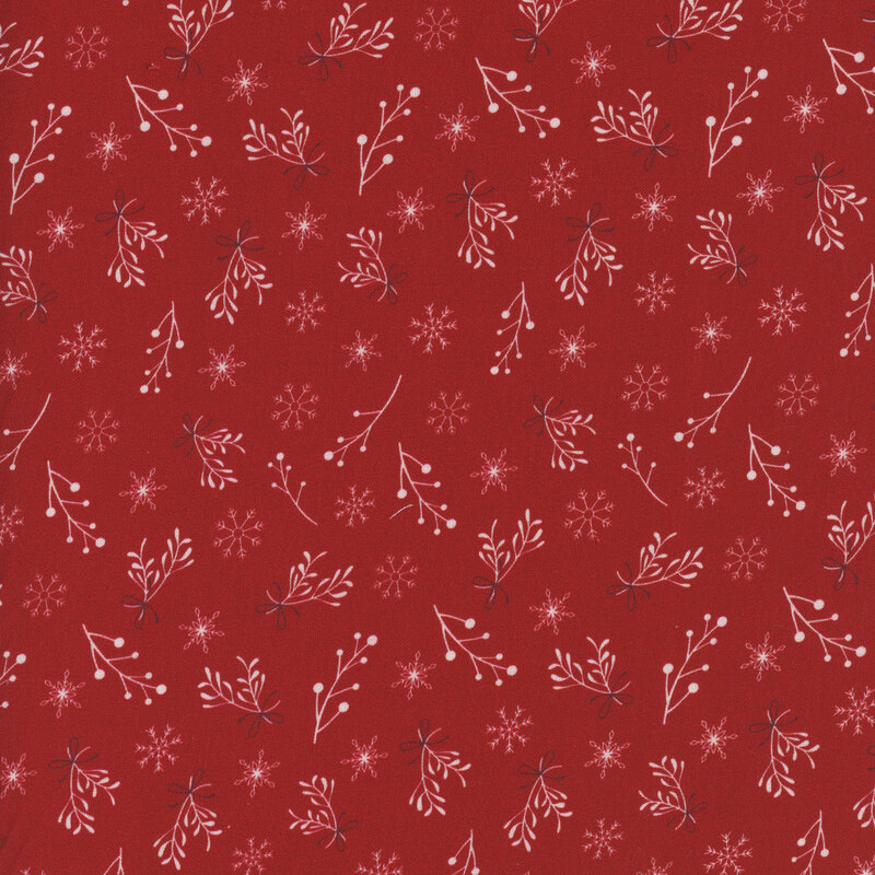 Red fabric with white and tonal berry sprigs, branches, and snowflakes.