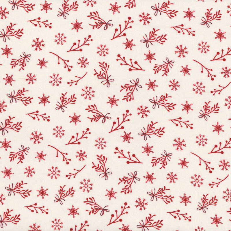 Cream fabric with red branches, sprigs, and snowflakes.