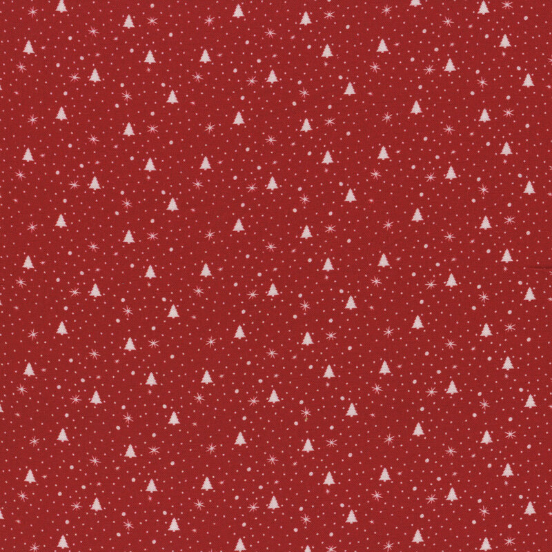 Red fabric with white trees, dots, and stars.