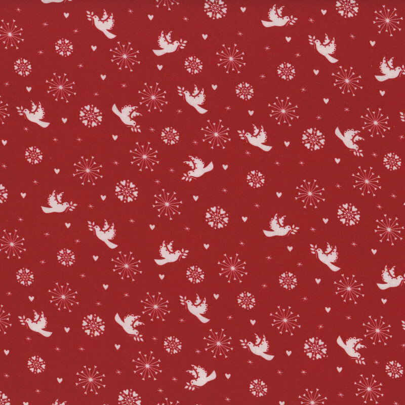 Red fabric with white snowflakes and flying doves.