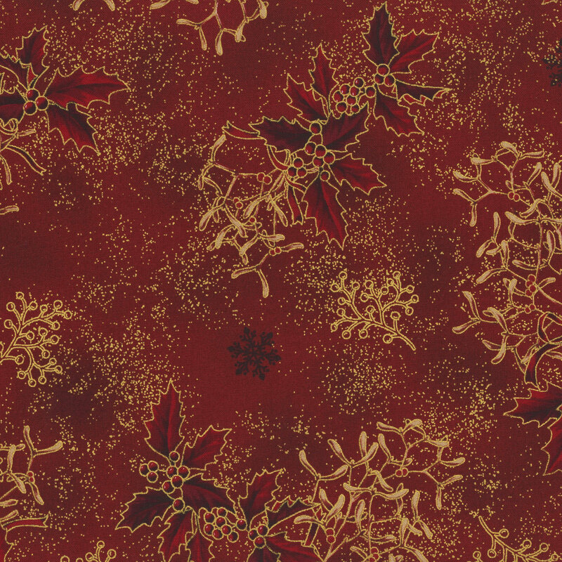 Deep red fabric with tonal mistletoe and holly.