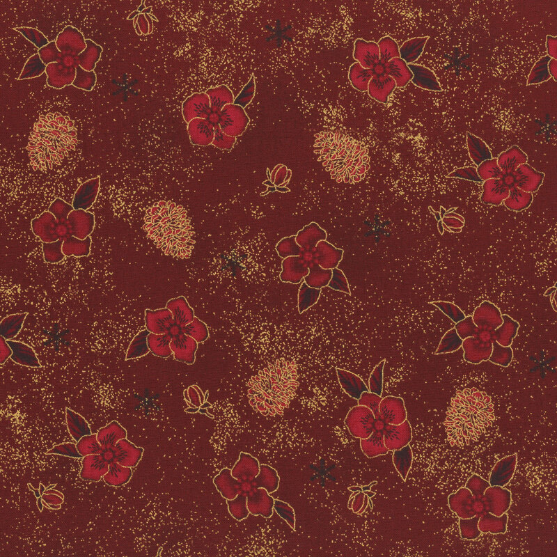 Burgundy fabric with tonal roses, pinecones, and gold metallic accents.