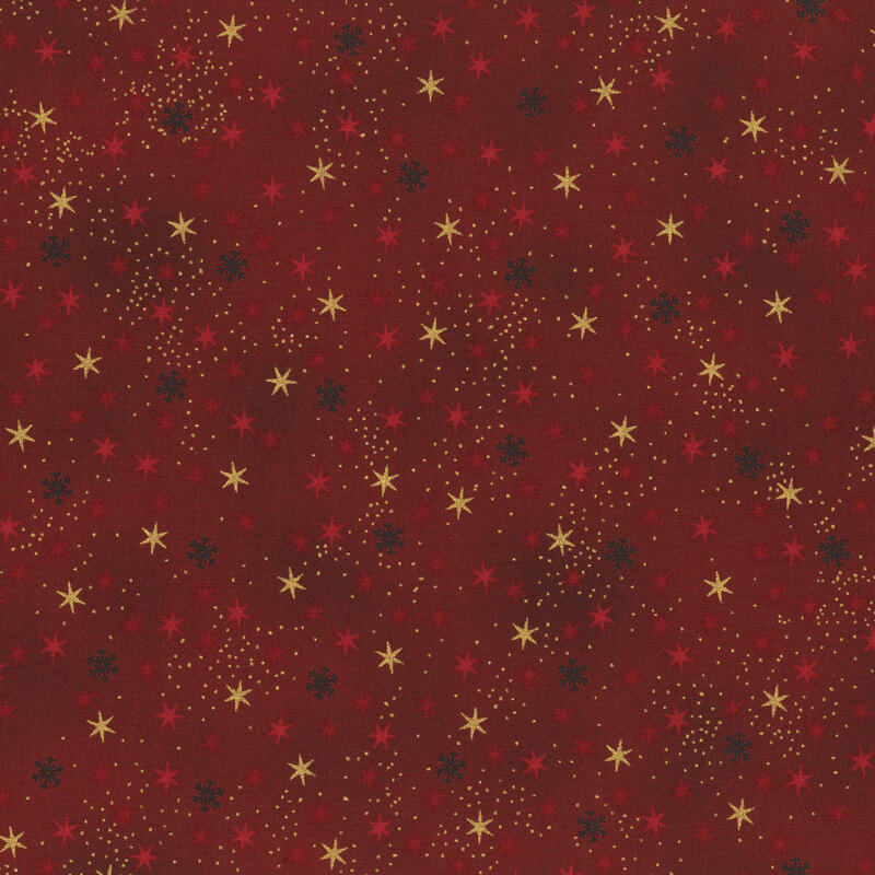 Burgundy fabric with tonal and gold metallic stars.