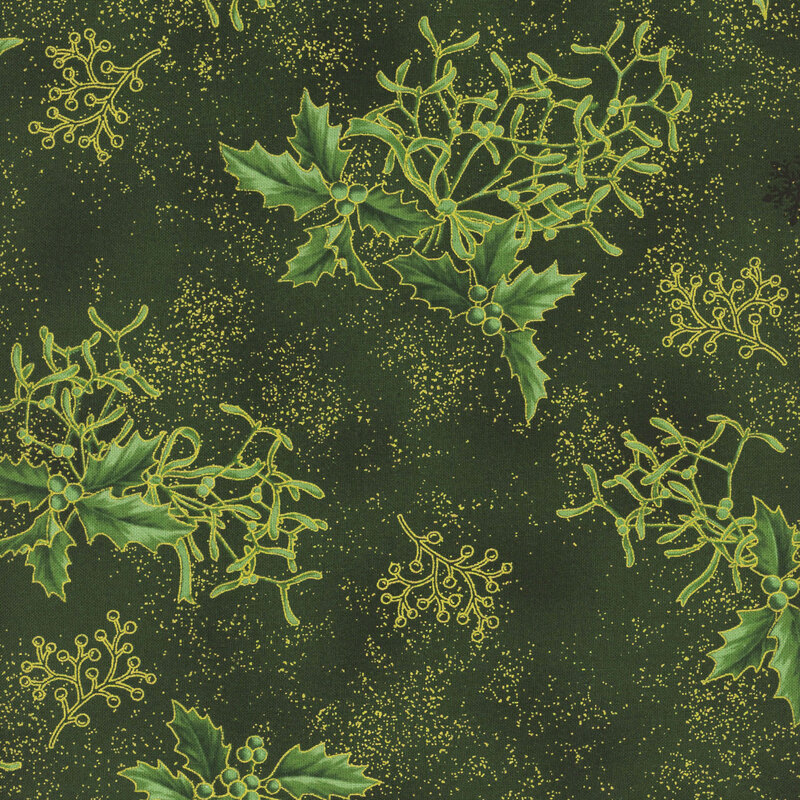 Green fabric with tonal mistletoe and holly.