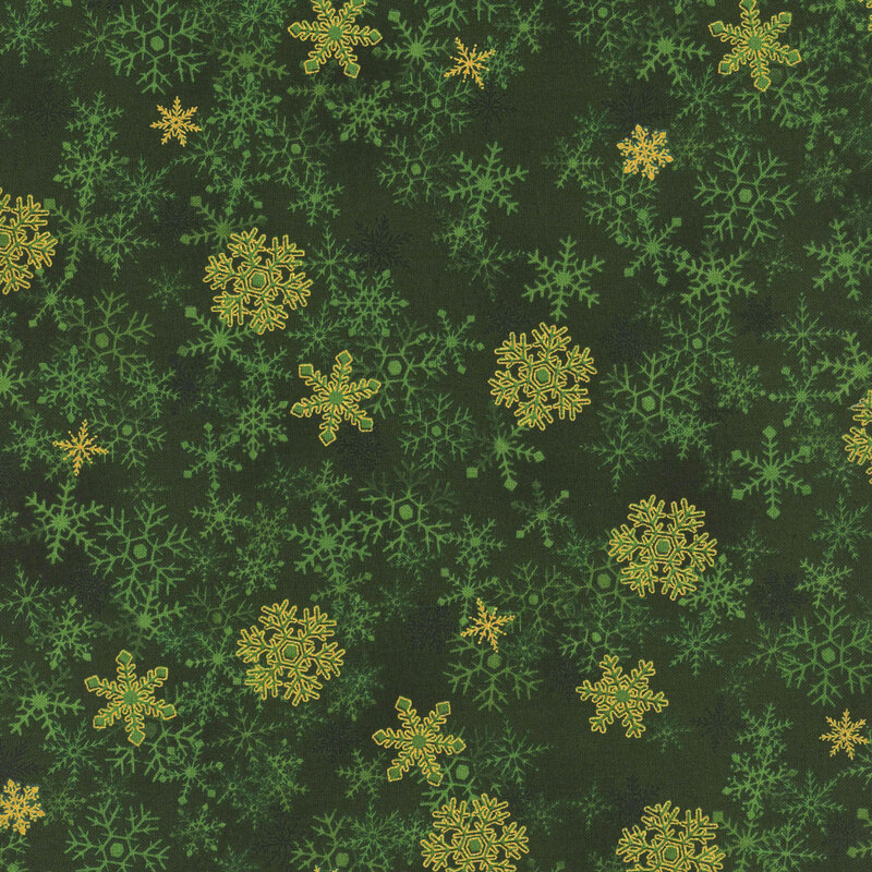 Green fabric with tonal snowflakes and gold accents.