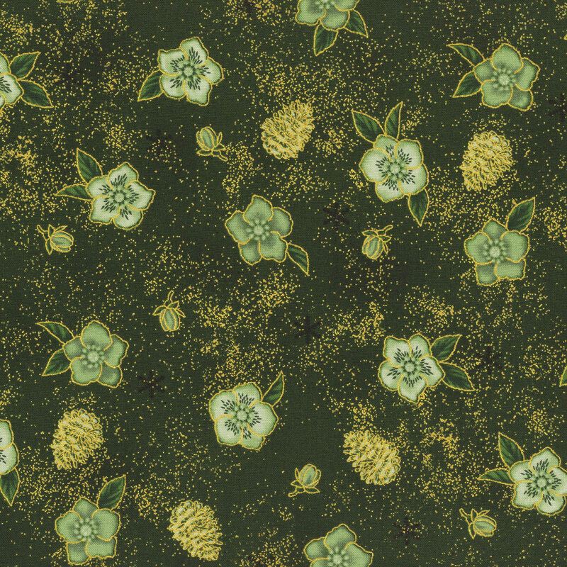 Green fabric with tonal roses, pinecones, and gold metallic accents.