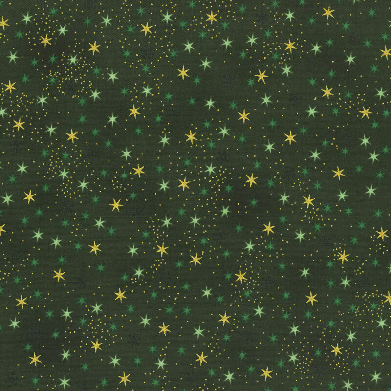 Evergreen fabric with tonal and gold metallic stars.