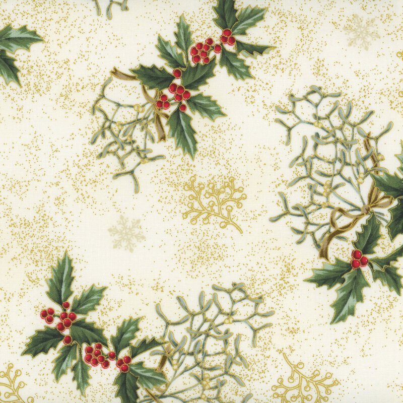 Cream fabric with green and red mistletoe and holly.